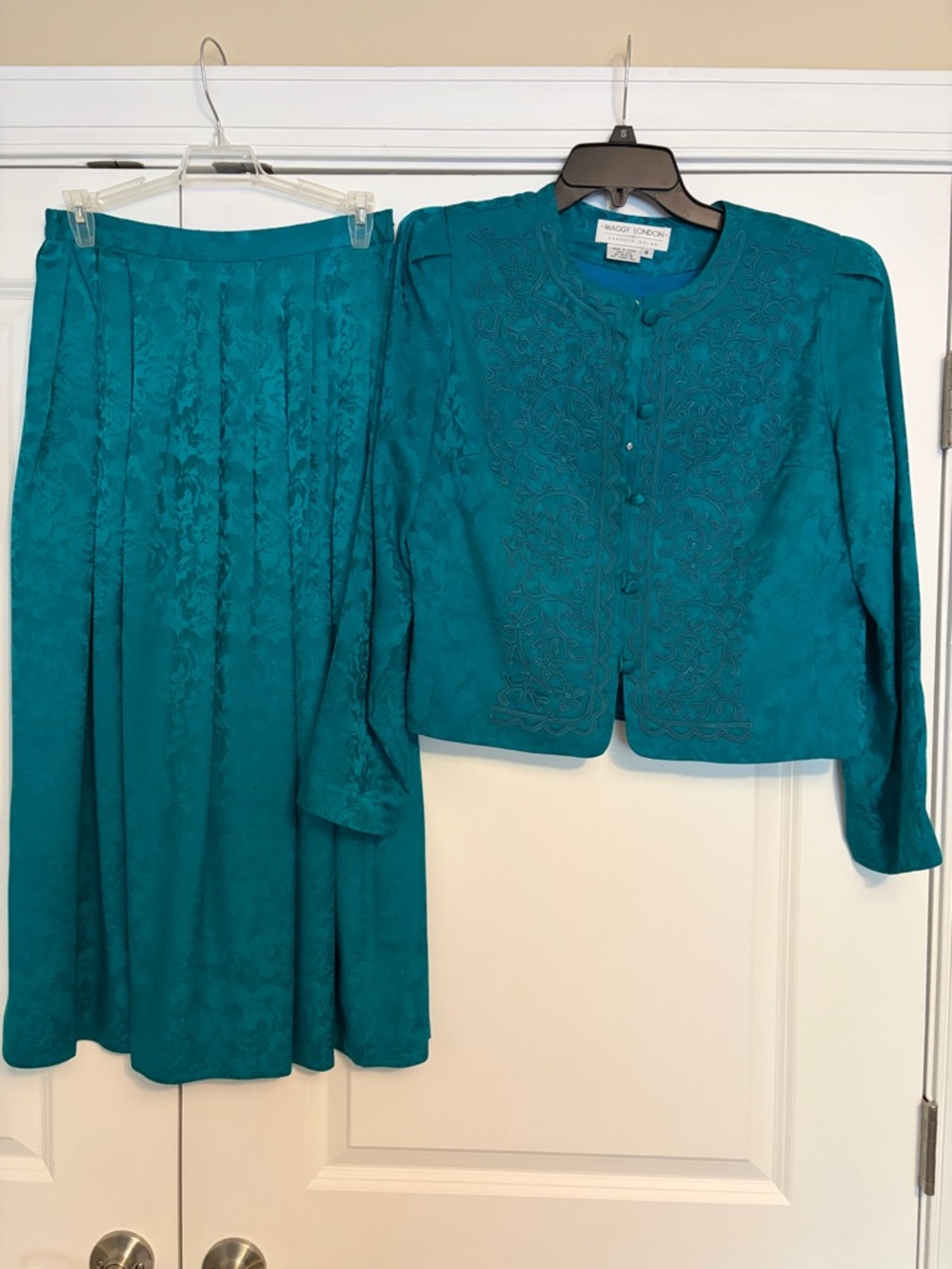 Maggy London Teal Embroidered Midi Skirt and Jacket Set